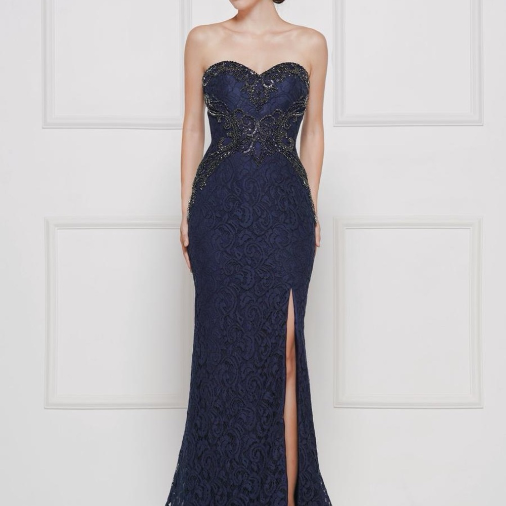 Rina diMontella Midnight Blue Lace Strapless Gown with beading